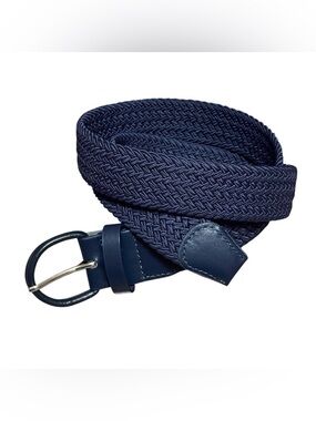 Womens Stretch Woven Elastic Belt Covered Buckle Faux Leather Navy Blue Size 32